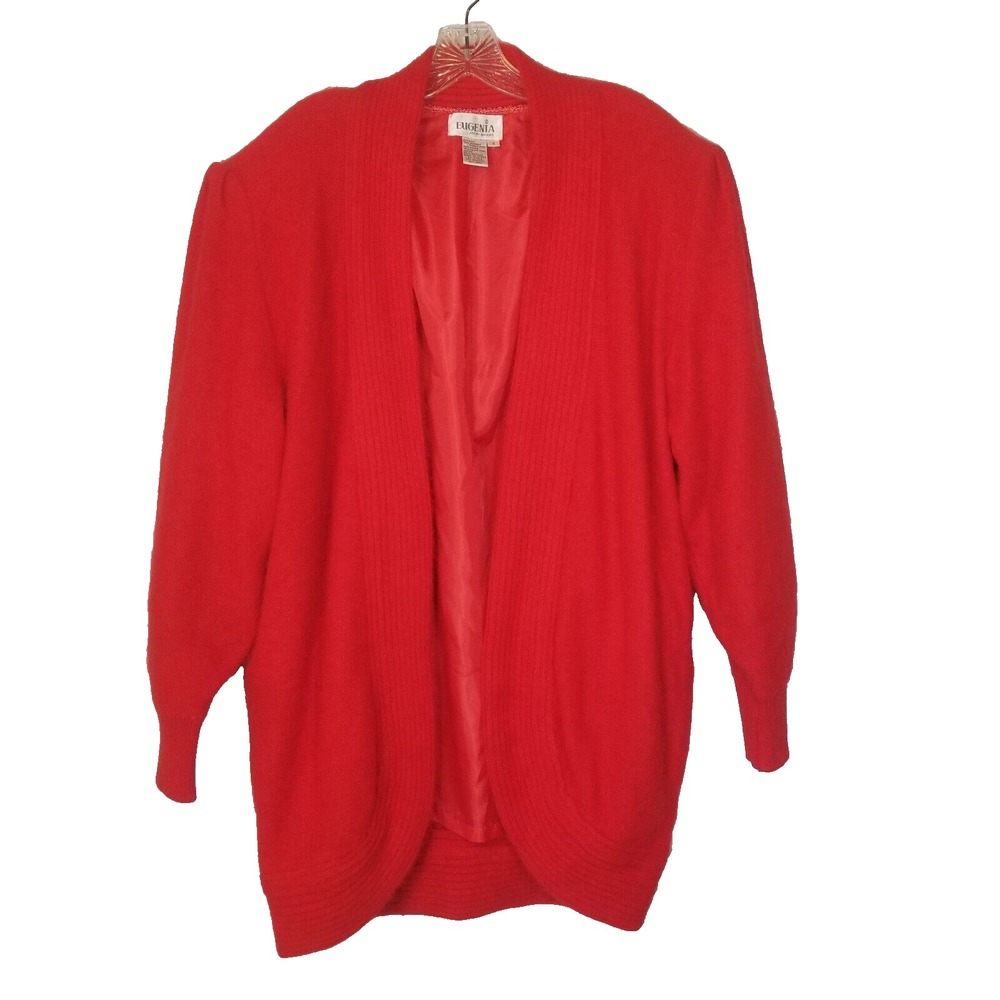 Eugenia Angora Blend Red Soft Lined Open Cardigan Side Shoulder Pads Pockets Med